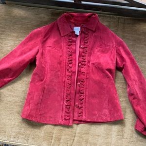 Chico’s red maroon/ suede leather frilled jacket